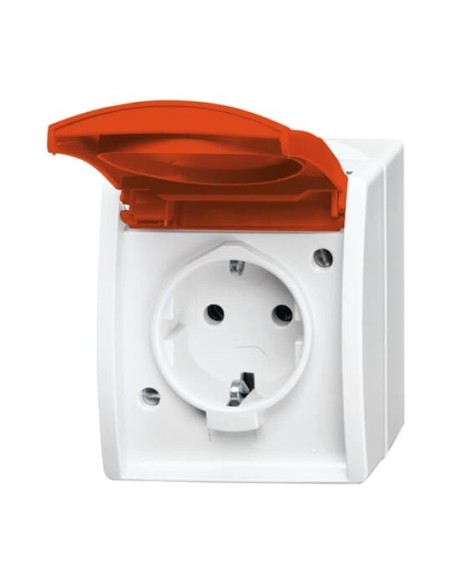 20 EWN-14-54^GNIAZDO SCHUKO Z POMARAŃCZOWĄ KLAPKĄ Z SZYBKOZŁĄCZAMI. 2 P + E -OCEAN-BIAŁY ALPEJSKI