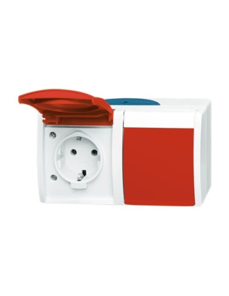 20 2 EW DVN-53^GNIAZDO SCHUKO PODWÓJNE ZE WSTĘPNYM OKABLOWANIEM. Z CZERWONĄ KLAPKĄ EDV (RAL 3003). Z POLEM OPISOWYM. STOPIEŃ