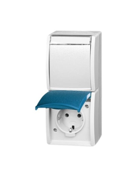 20-02 EWN-53^GNIAZDO SCHUKO PODWÓJNE ZE WSTĘPNYM OKABLOWANIEM. Z KLAPKĄ. STOPIEŃ OCHRONY: IP 45 PIONOWY-OCEAN-SZARY ZIELONO-NIEB