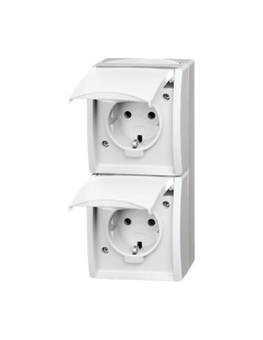 20-02 EW-54^GNIAZDO SCHUKO PODWÓJNE ZE WSTĘPNYM OKABLOWANIEM. Z KLAPKĄ. STOPIEŃ OCHRONY: IP44 PIONOWY-OCEAN-BIAŁY ALPEJSKI