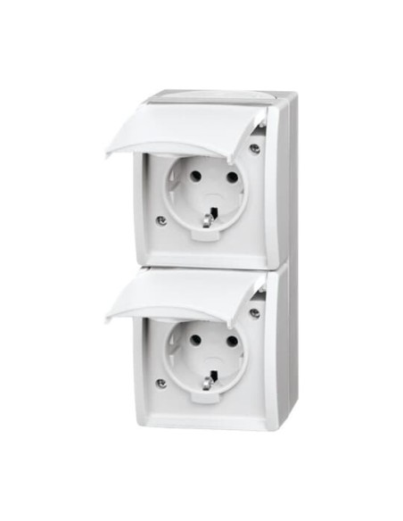 20-02 EW-54^GNIAZDO SCHUKO PODWÓJNE ZE WSTĘPNYM OKABLOWANIEM. Z KLAPKĄ. STOPIEŃ OCHRONY: IP44 PIONOWY-OCEAN-BIAŁY ALPEJSKI