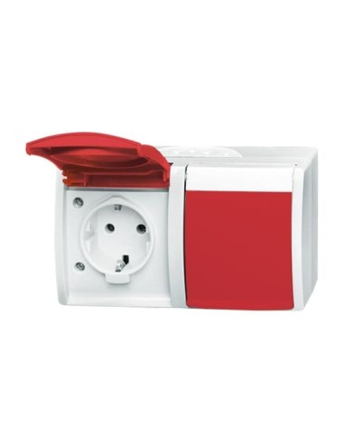 20 2 EW DVN-54^GNIAZDO SCHUKO PODWÓJNE ZE WSTĘPNYM OKABLOWANIEM. Z CZERWONĄ KLAPKĄ EDV (RAL 3003). Z POLEM OPISOWYM. STOPIEŃ