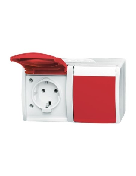 20 2 EW DVN-54^GNIAZDO SCHUKO PODWÓJNE ZE WSTĘPNYM OKABLOWANIEM. Z CZERWONĄ KLAPKĄ EDV (RAL 3003). Z POLEM OPISOWYM. STOPIEŃ