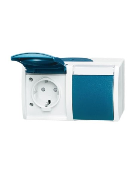 20 2 EBW-53^GNIAZDO SCHUKO Z PRZESŁONAMI PODWÓJNE. ZE WSTĘPNYM OKABLOWANIEM. Z KLAPKĄ. STOPIEŃ OCHRONY: IP44 POZIOMY-OCEAN-SZAR