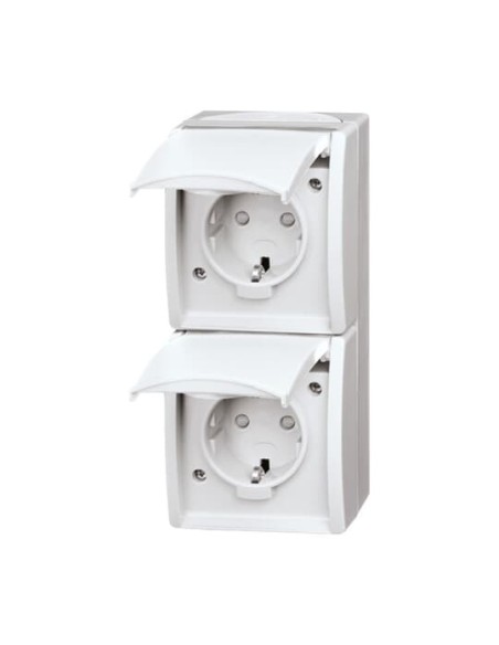 20-02 EBW-54^GNIAZDO SCHUKO Z PRZESŁONAMI. PODWÓJNE ZE WSTĘPNYM OKABLOWANIEM. Z KLAPKĄ. STOPIEŃ OCHRONY: IP44 PIONOWY-OCEAN-BI