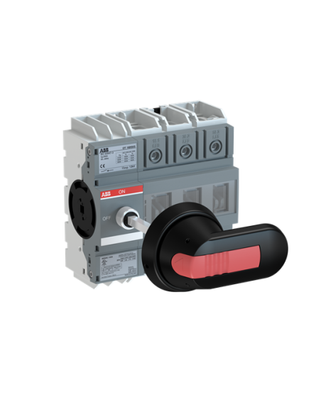 OT160G03P Rozłącznik 160A 3P napęd z przodu z wałkiem i czarną rączką IP65 osłona zacisków IP20 montaż na płycie   szynie DIN