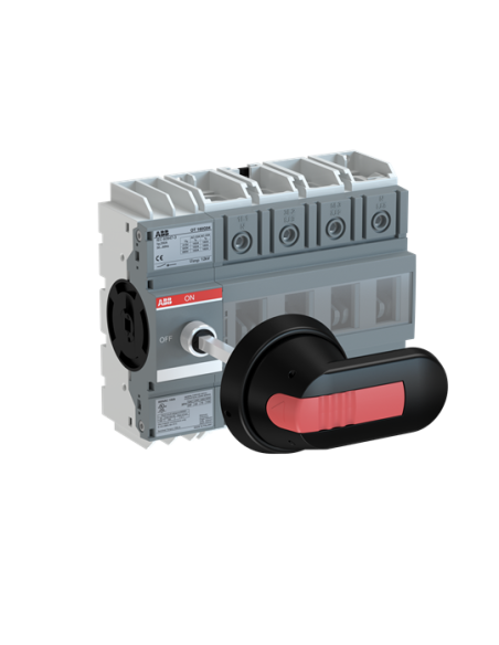 OT160G04P Rozłącznik 160A 4P napęd z przodu z wałkiem i czarną rączką IP65 osłona zacisków IP20 montaż na płycie   szynie DIN